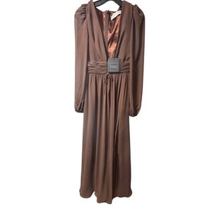 Ieena for Mac Duggal NEW Deep V Long Sleeve Maxi Dress 55871 Brown Size 2‎